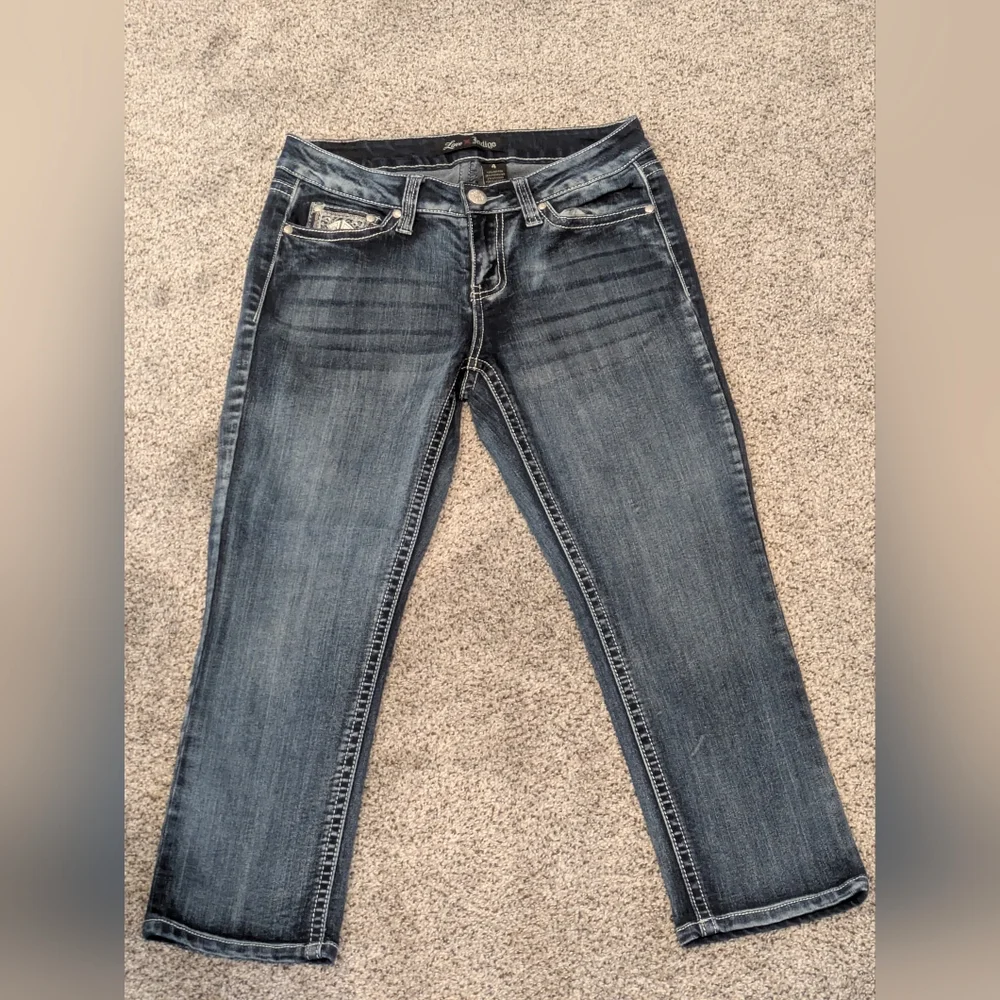 Women's Love Indigo Dark Wash Capris Denim Blue Jeans Stretch Sz: 4 Design Pants - Picture 1 of 14